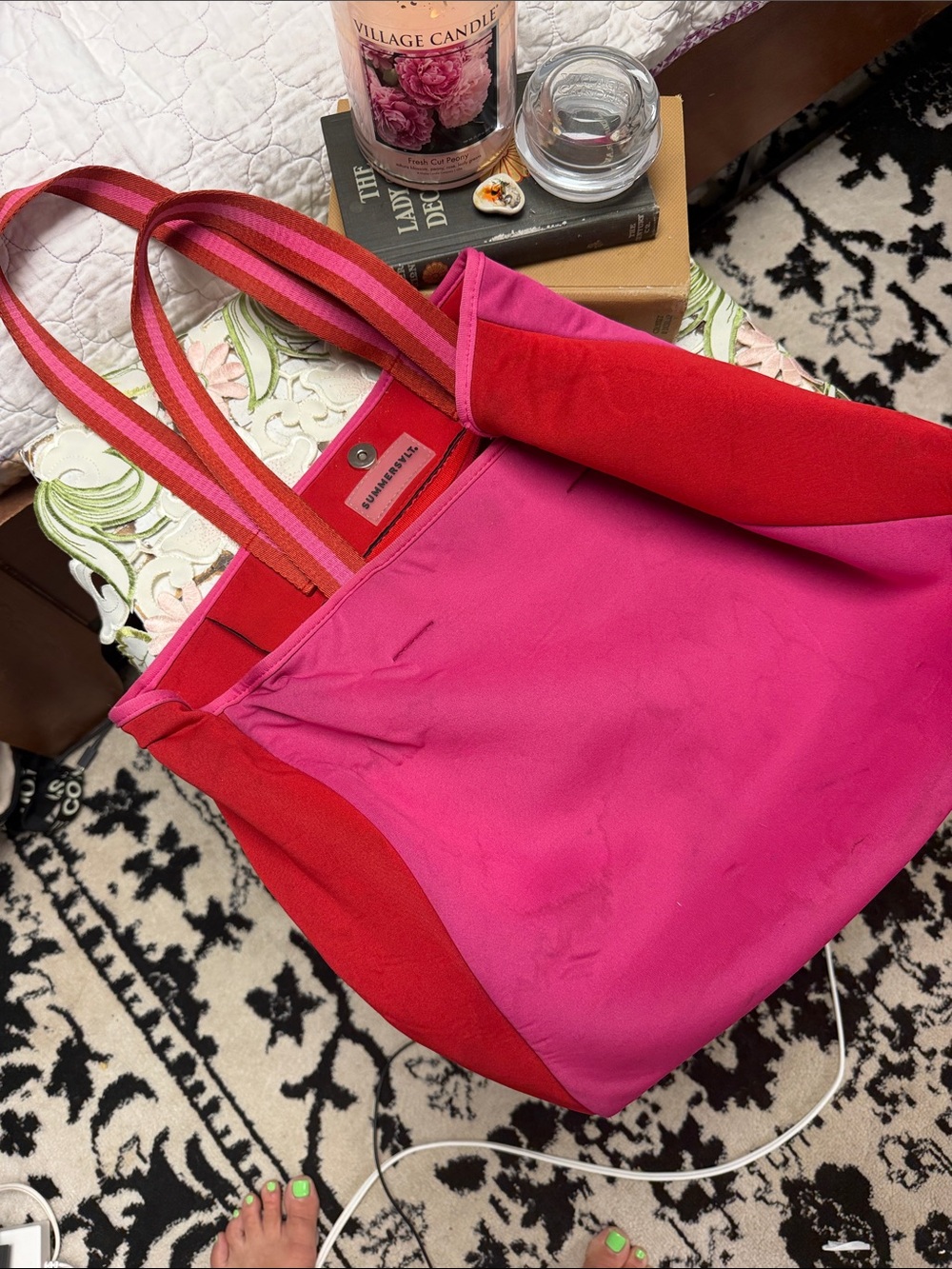 Pink & Red Canvas Tote Bag with Striped Handles